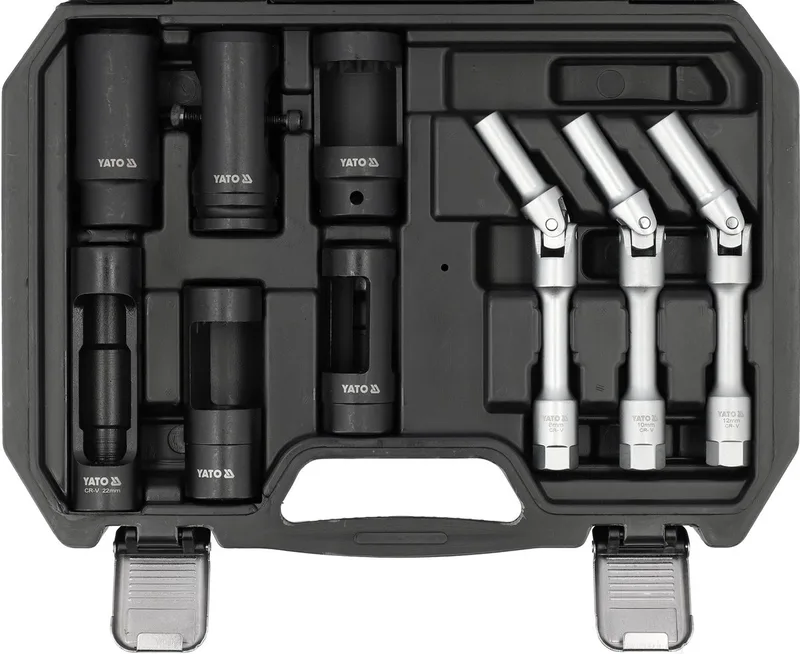 Professionele Gloeibougie & Verstuiver Doppenset - 9-delig - 3/8" & 1/2" - Met Flexibele Gewrichtdoppen - CrMo & CrV Staal - Universeel voor Dieselmotoren de Yato, Noir – image du produit