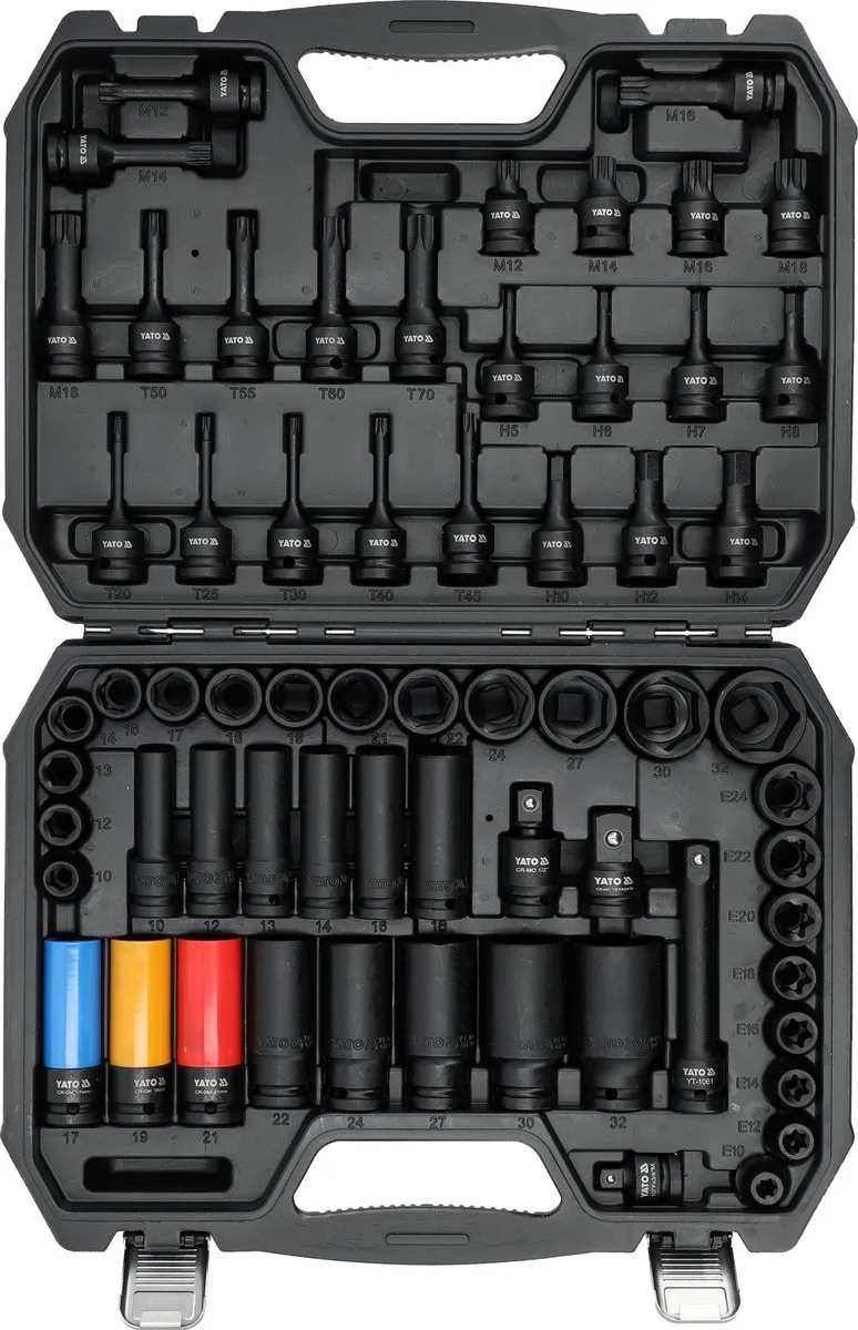 Professionele Krachtdoppenset 1/2" - 64-delig - Hoogwaardig CrMo Chroom-molybdeenstaal - Slagmoersleutel Set met Torx, Hex & Spline - Inclusief Stevige Koffer by Yato, Black – product image