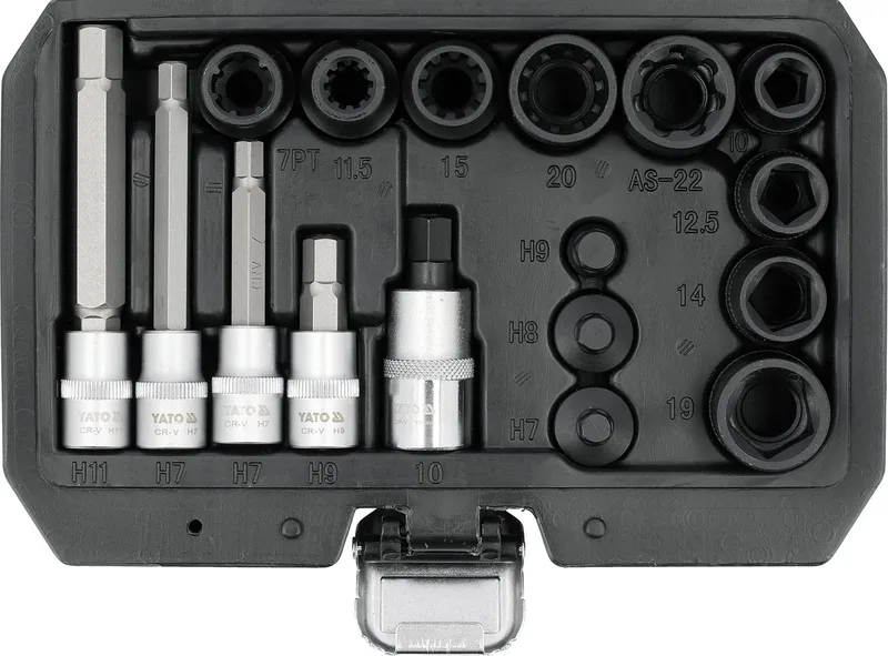 Professionele Remklauw Dopsleutel Set – 17-Delig – 5-Kant, 7-Kant & 10-Kant Speciaal Doppen – 1/4", 3/8" & 1/2" Aansluiting – CrV Staal – Inclusief Opbergkoffer by Yato, Black – product image