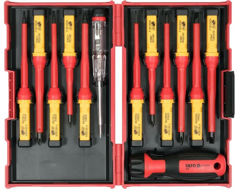 Professionele VDE Geïsoleerde Schroevendraaierset – 13-Delig – Wisselbare Klingen tot 1000V – CrV Staal – Inclusief Spanningstester en Koffer by Yato, Red – product image