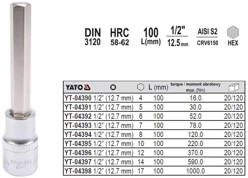 Serie - Inbussleutel - 17 mm - 1/2" - 100 mm by Yato, Silver – product image
