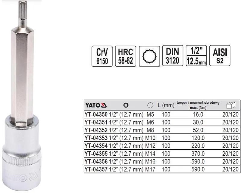 Spline Dopsleutel - M17 - 100mm - Staal S2 en CrV von Yato – Produktbild