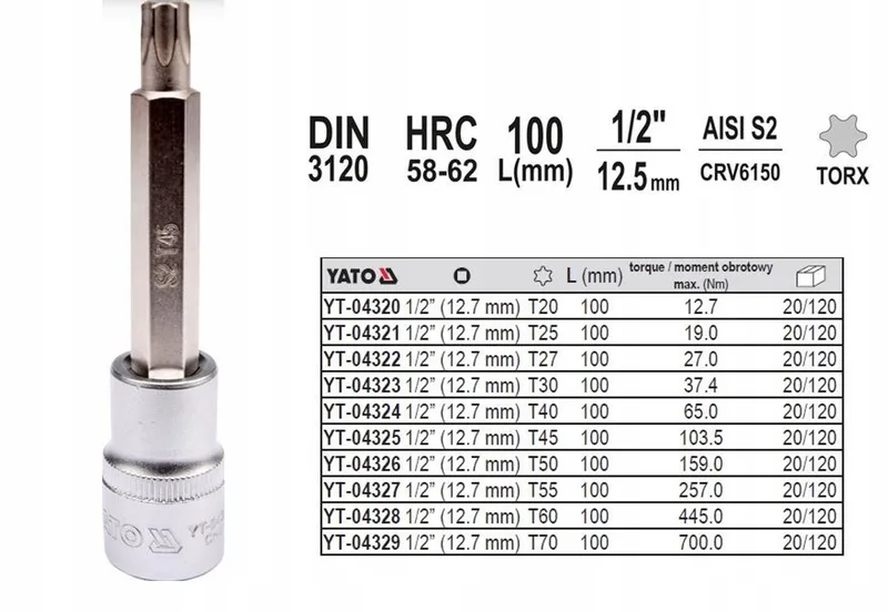 Torx Dopsleutel 1/2" t27 100mm van Yato – productafbeelding