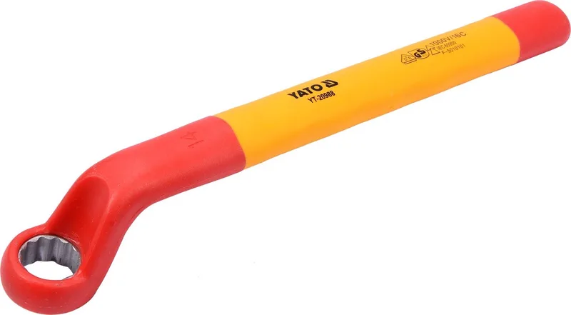 VDE Geïsoleerde Gebogen Ringsleutel 14 mm - 1000V Geïsoleerd Gereedschap - Lengte 205 mm - Chroom-Vanadium Staal - Elektriciens Ringsleutel Gebogen voor Werkzaamheden Onder Spanning (YT-20988) fra Yato – produktbillede