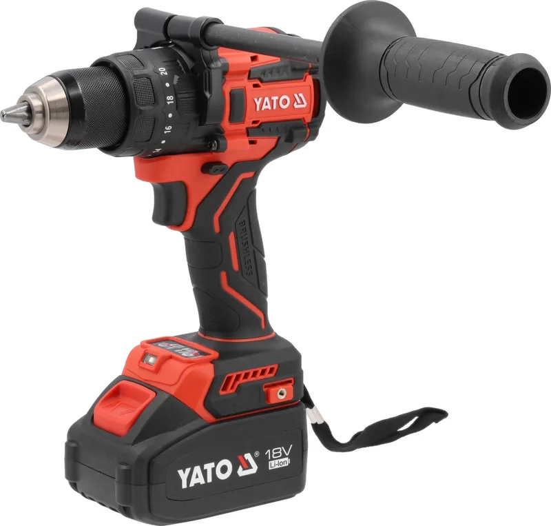 YATO 18V Koolborstelloze Accu Klopboormachine & Schroefmachine Set - 150 Nm - Met 4.0 Ah Li-Ion Accu & Lader - Metalen Snelspankop 13 mm - Met Extra Handgreep (YT-827880) fra Yato – produktbillede
