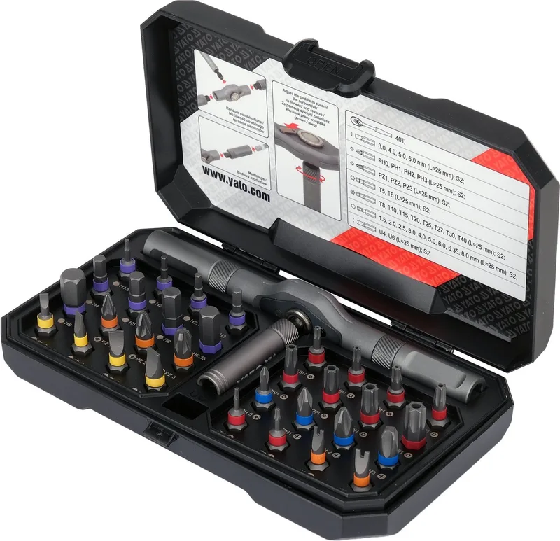 YT-04619 Ratel Schroevendraaier Set - 40T - 33-Delig - S2 Staal - Magnetiseur & Opbergbox von Yato, Schwarz – Produktbild