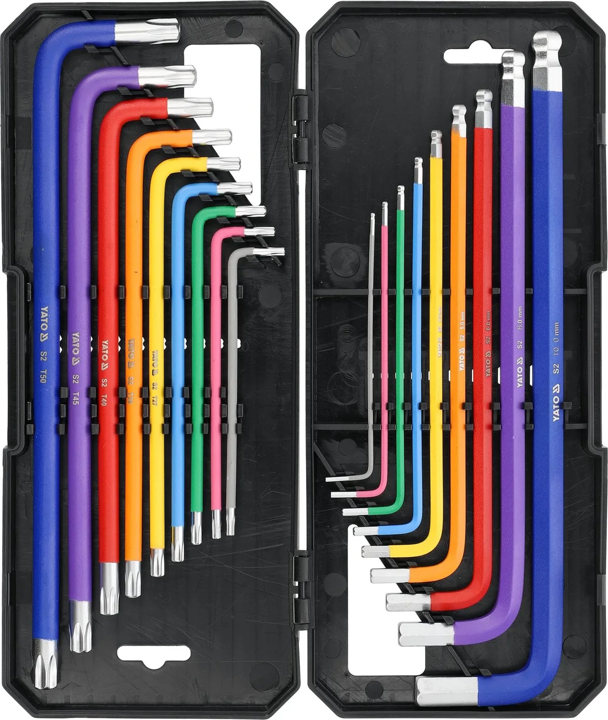 YT-05660 Inbussleutel & Torx TR Sleutelset 18-Delig - Extra Lang (97-225 mm) - S2 Staal (HRC 58-62) - Kogelkop Inbus & Tamper Torx Security - Kunststof Coated in Houder de Yato, Regenboog – image du produit