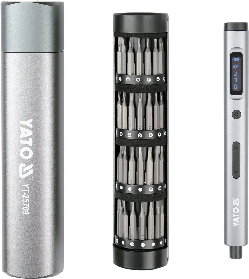 YT-25769 Precisie Accu Schroevendraaier Set - 3.7V - USB-C - LED - 61-Delig met 60 S2 Bits de Yato, Metaalkleurig – image du produit