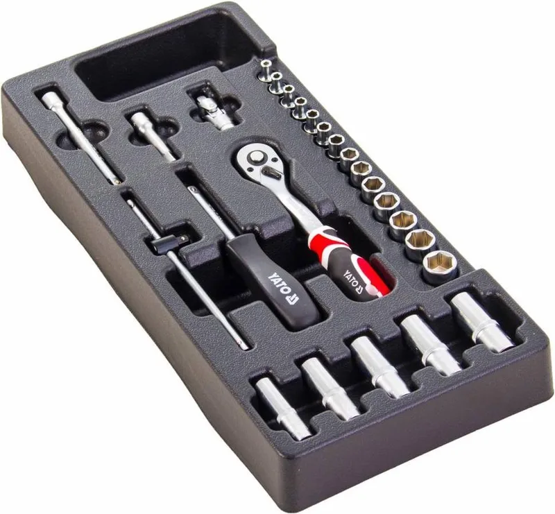 YT-5541 Doppenset Met Ratel Opname 1/4 25-delig fra Yato, Hvid – produktbillede