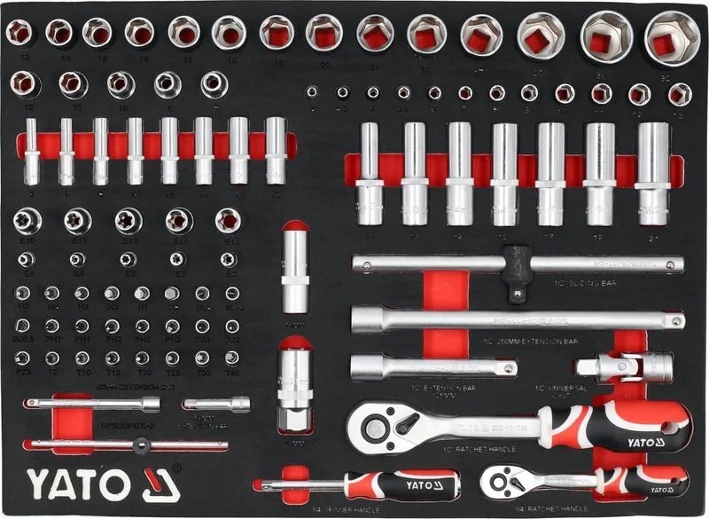 YT-55490 Professionele Gereedschapsmodule 1/2" & 1/4" – 92-Delig – Doppenset met Gr hisse, Torx & Bitten – Voor Gereedschapswagen (530 x 390 mm) – CrV & S2 Staal von Yato, Schwarz – Produktbild