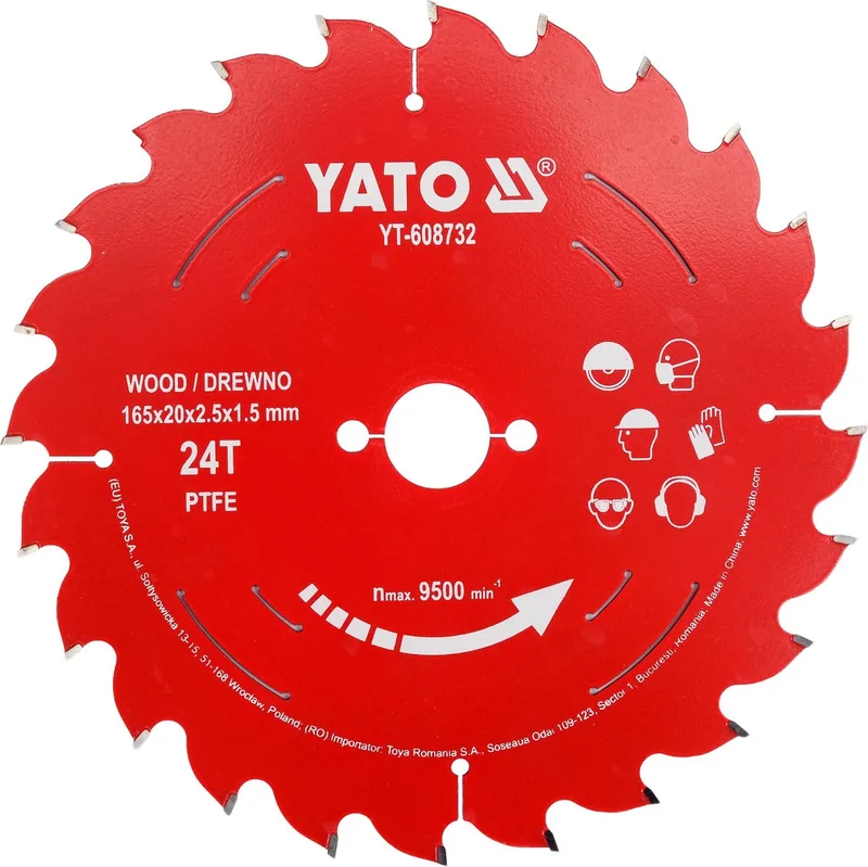 YT-608732 TCT Cirkelzaagblad voor Hout - Ø 165 x 20 mm - 24T - PTFE Coated - Voor Hout & Plaatmateriaal de Yato – image du produit