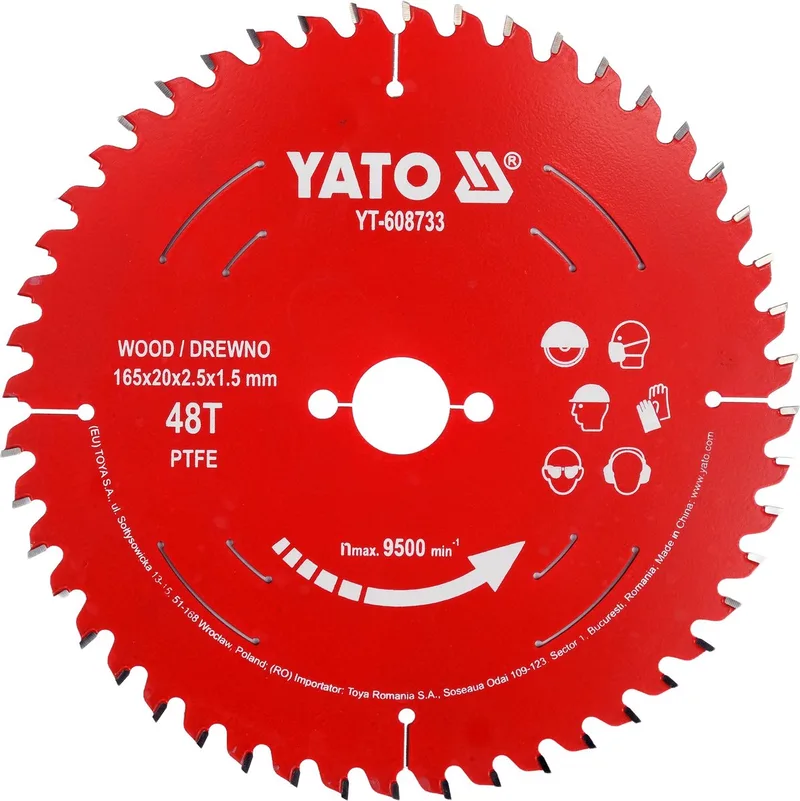YT-608733 TCT Cirkelzaagblad voor Hout - Ø 165 x 20 mm - 48T - PTFE Coated - Voor Hout & Plaatmateriaal de Yato – image du produit