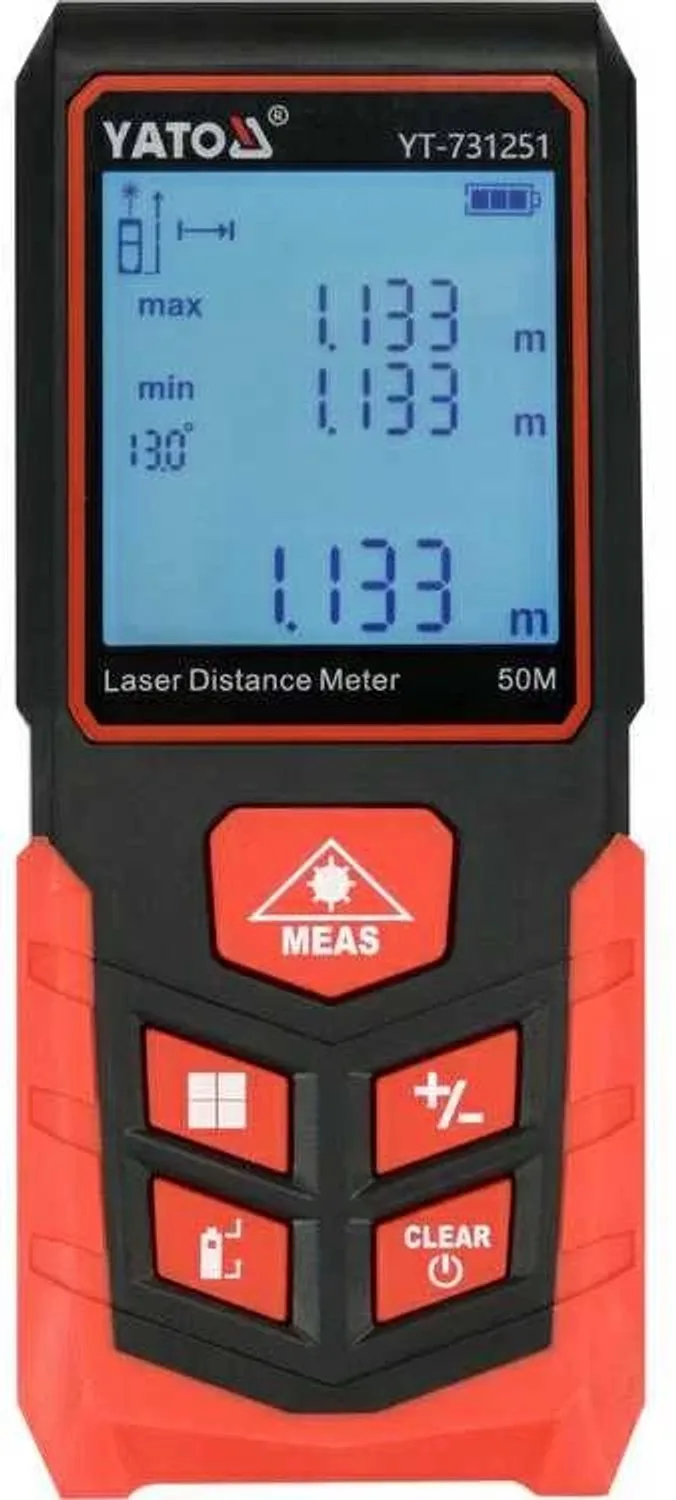 YT-731251 Digitale Laser Afstandsmeter 50m - Met Elektronische Waterpas & Verlicht LCD - Functies voor Oppervlakte, Inhoud & Pythagoras - Incl. Geheugen (99 metingen) de Yato – image du produit