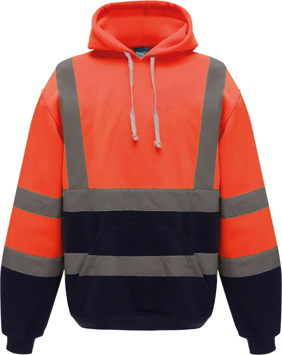Hi-Vis pullover hoodie YHVK05 - Hi Vis Orange / Navy fra Yoko, Hi Vis Orange, Mørkeblå, S – produktbillede