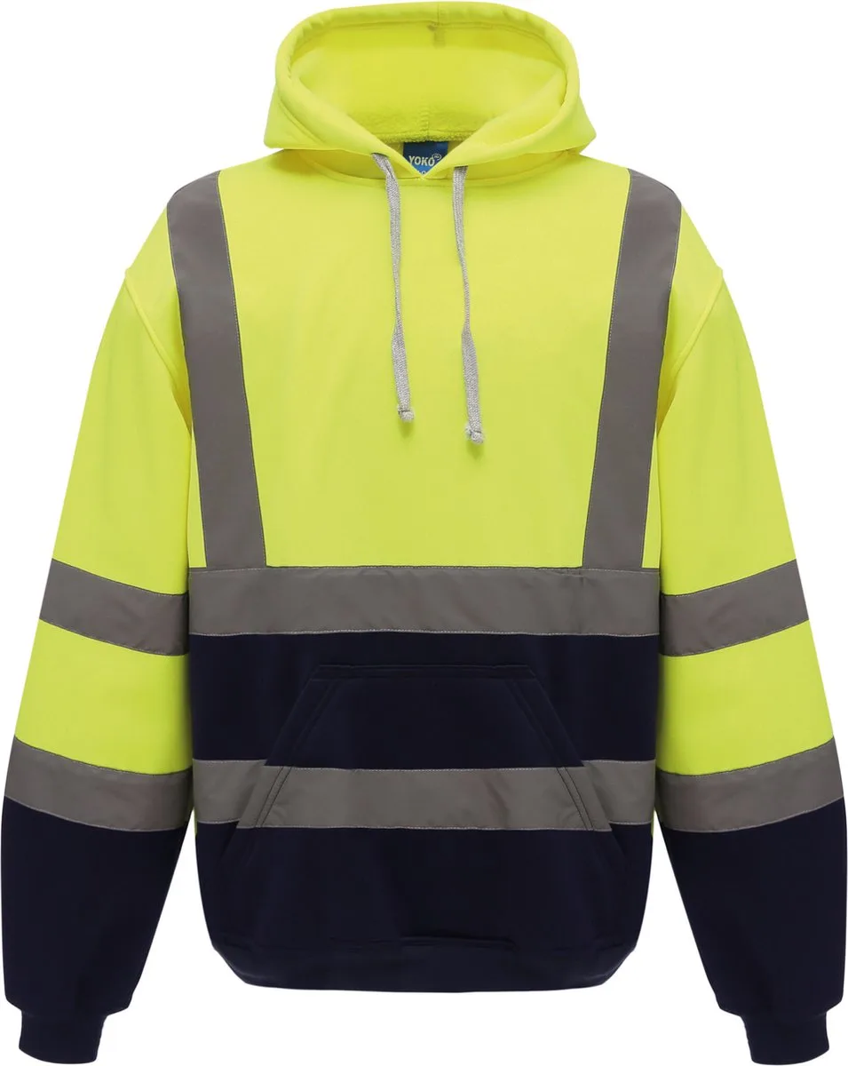 Hi-Vis pullover hoodie YHVK05 - Hi Vis Yellow / Navy von Yoko, Hi Vis Yellow, Dunkelblau, S – Produktbild
