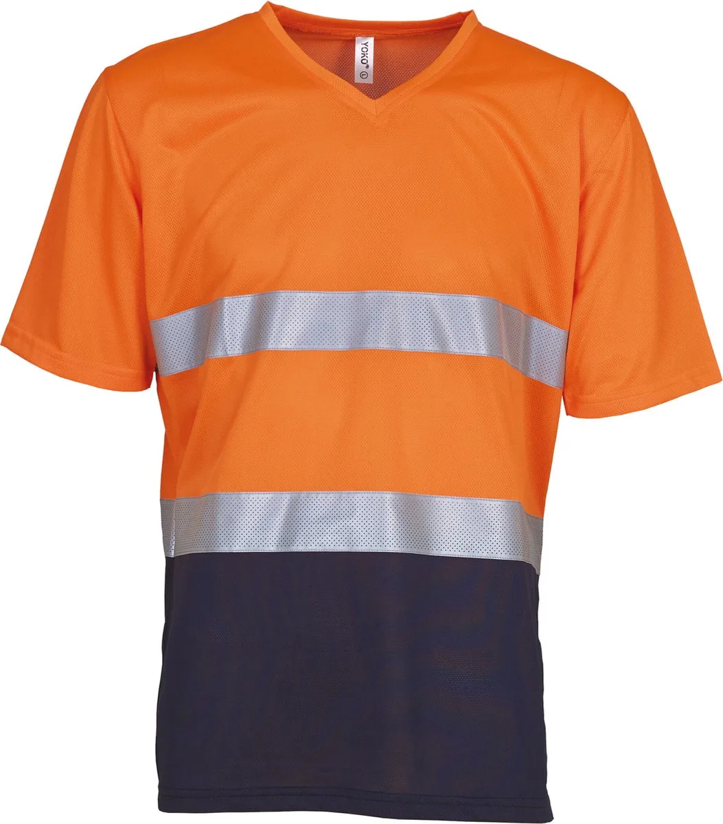 Top Cool - Hi-Vis T-shirt V-hals YHVJ910 - Hi Vis Orange / Navy von Yoko, Hi Vis Orange, Dunkelblau, S – Produktbild