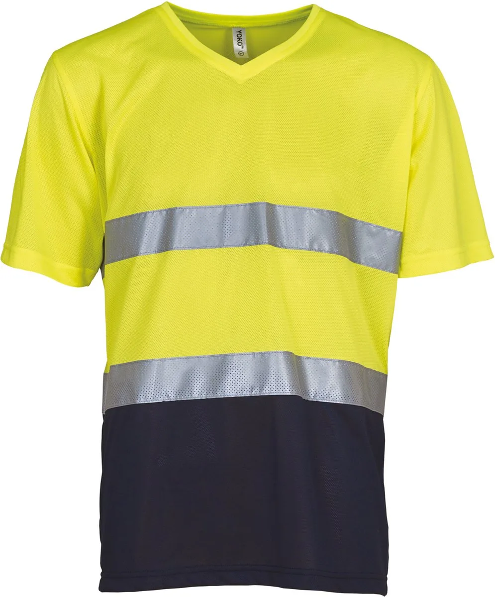 Top Cool - Hi-Vis T-shirt V-hals YHVJ910 - Hi Vis Yellow / Navy de Yoko, Hi Vis Yellow, Bleu foncé, S – image du produit