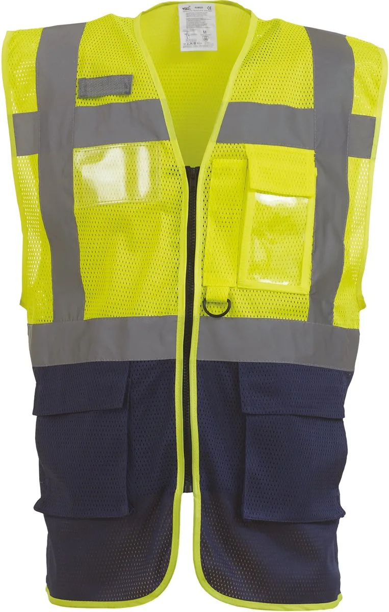 Top Cool -hoge zichtbaarheid vest YHVW820 - Hi Vis Yellow / Navy von Yoko, Hi Vis Yellow, Dunkelblau, S – Produktbild